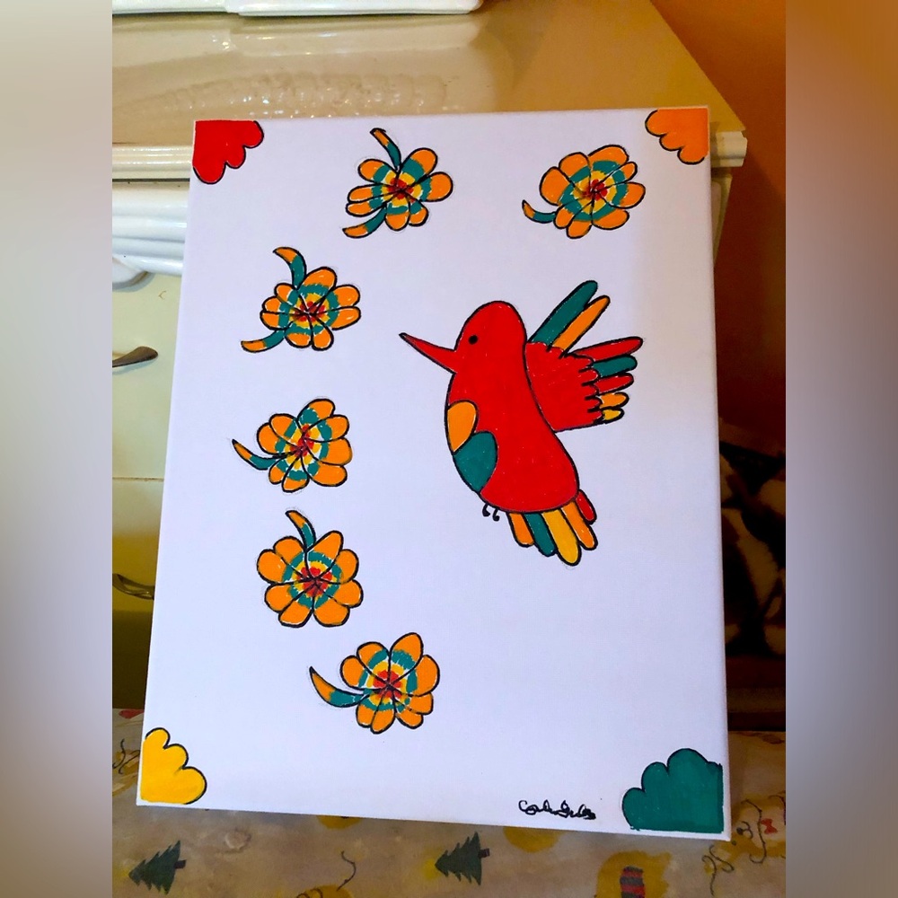 11X14 flowers and bird hand Made canvas board